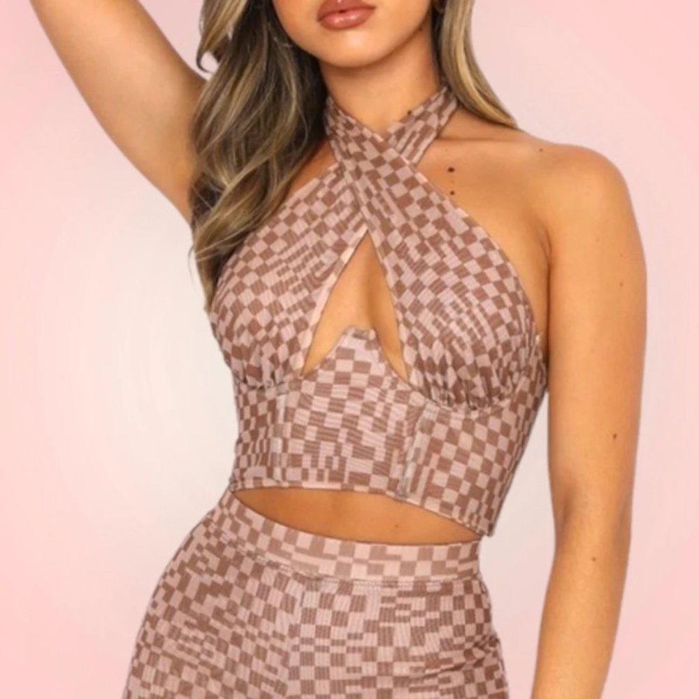 NWOT White Fox Brown Checkered Top and Pants Set